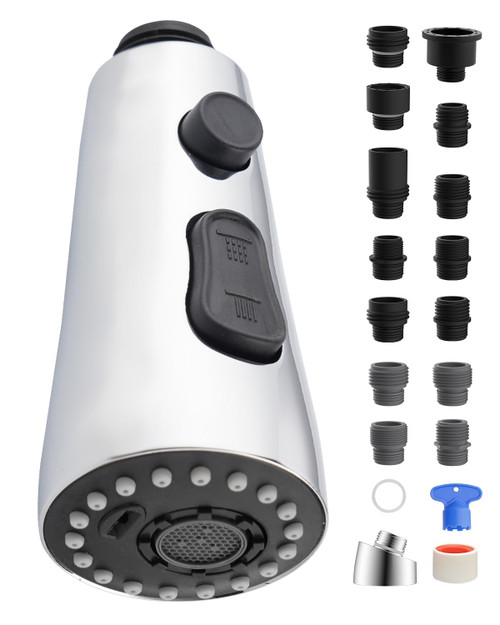Stainless Faucet Head Replacement Pull Down Kitchen Faucet Head with 15 Adapters, 3 Water Modes Kitchen Sink Faucet Sprayer Head, Chrome Finish Stainless Faucet Head Replacement Pull Down Kitchen Faucet Head with 15 Adapters, 3 Water Modes Kitchen Sink Faucet Sprayer Head, Chrome Finish