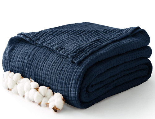 100% Cotton Muslin Blanket Large 50" x 70", 6 Layers Breathable and Lightweight Navy Throw Blanket for Bed and Couch, Soft Quilt Bedspread, Gauze Blanket for Adults All Season, Navy, Dark Blue