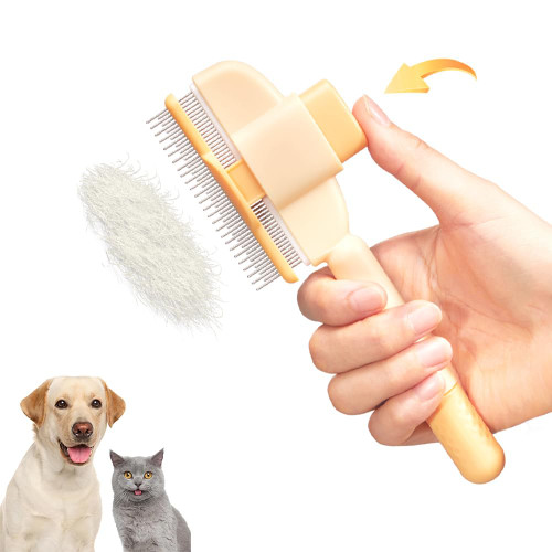 Marchul Cat Comb with Release Button, Cat Grooming Comb with Long and Short Stainless Steel Metal Round Teeth, Pet Comb Brush for Removing Matted Fur, Knots & Loose Fur for Dogs and Cats(Yellow)