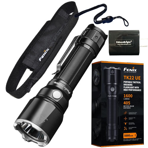 Fenix TK22 UE 1600 Lumen Long Beam Throw LED Flashlight, Rechargeable Battery with EdisonBright USB-C Charging Adapter Bundle