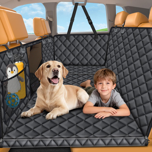 URPOWER Backseat Extender for Dogs - Hard Bottom Dog Car Seat Cover for Back Seat, Dog Hammock for Car and SUV, Pet Rear Seat Protector Dogs Travel Bed with Mesh Window & Side Flaps