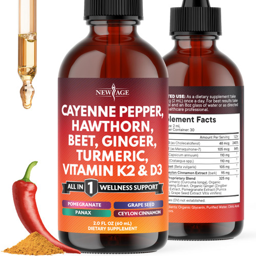 Cayenne Pepper Supplement Liquid Drops + Hawthorn Berry, Vitamin D3 K2 Beet Root Powder, Ceylon Cinnamon, Turmeric Curcumin, Organic Panax Ginseng - 2oz