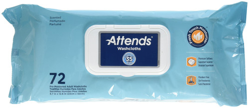 Attends Washcloths No-Rinse Disposable Cleansing Wipes for Incontinence, 7.8"x11.8", Hypoallergenic Alcohol-Free with Aloe, Scented, 72ct Soft Pack