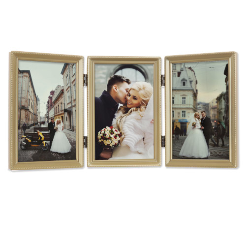 Lawrence Frames Antique Brass 4x6 Hinged Triple Picture Frame - Bead Border Design, Satin Gold