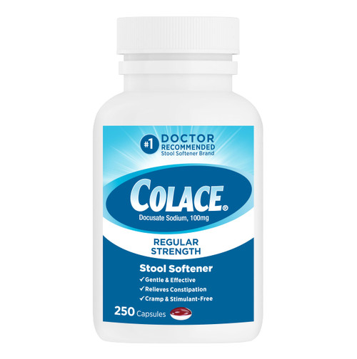 Colace Regular Strength Stimulant-Free Stool Softener 100mg, Docusate Sodium Laxative for Safe Occasional Constipation Relief, Cramp-Free, Irregularity Treatment for Adults & Children 2+, 250 Capsules
