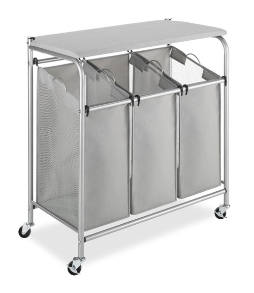 Whitmor 3 Section Rolling Laundry Sorter with Folding Station - Ironing Board, Chrome / Gray