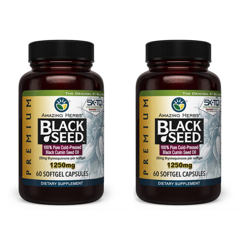 Amazing Herbs Premium Black Seed Oil Capsules - High Potency, Cold Pressed Nigella Sativa Aids in Digestive Health, Immune Support & Brain Function - 60 Count, 1250mg (Pack of 2)