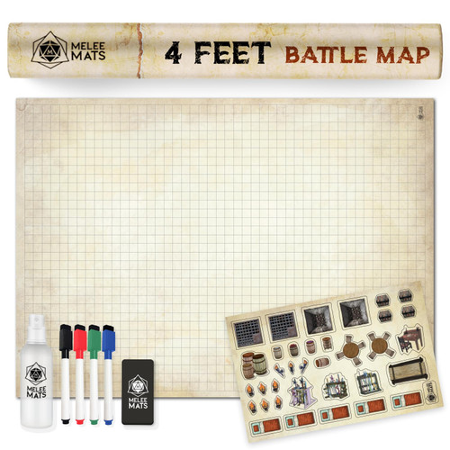 Melee Mats DND Map Starter Set - 35” x 48", Wet & Dry Erase Battle Terrain Grid for Dungeons and Dragons - Ultimate Tabletop Gaming Experience with Accessories