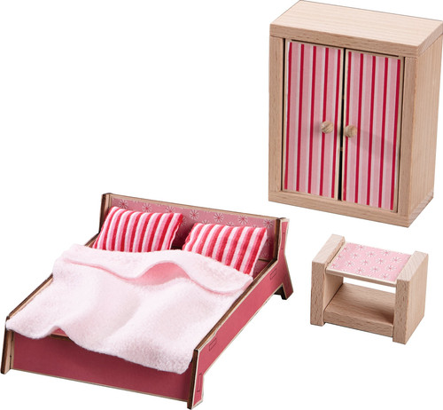HABA Little Friends Master Bedroom - 3 Piece Furniture Set with Parent's Bed Armoire and Nightstand