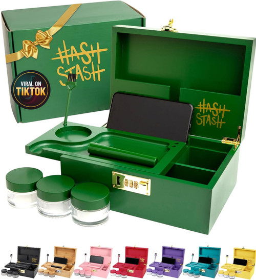 The OG Stash Storage Box - Large Bamboo Box with Combination Lock, Magnetic Lid, Organizer Tray, 3 Jars and Brush - Portable Decorative Wooden Lock Kit with Accessories (Green/Gold)