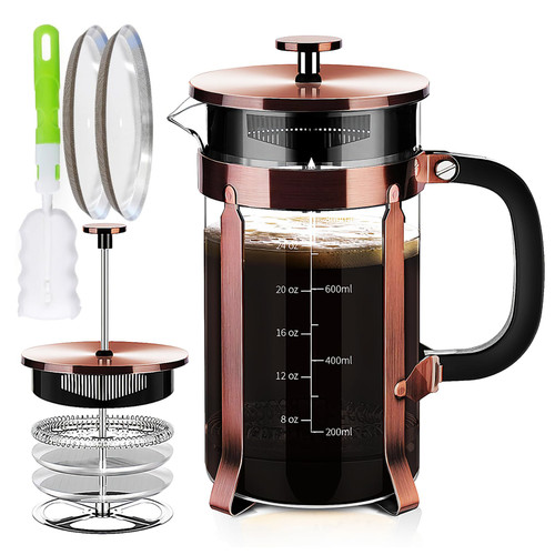 YMMIND French Press Coffee Maker 304 Stainless Steel Coffee Press,with 4 Filters System, Heat Resistant Thickness Borosilicate French Press Glass, BPA-Free Brewed Tea Pot Coffee Plunger(Copper 12oz)