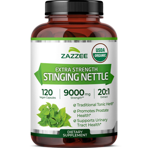 Zazzee USDA Organic Stinging Nettle 20:1 Extract, 9000 mg Strength, 120 Vegan Capsules, 4 Month Supply, Concentrated, Standardized 20X Extract, Certified Organic, 100% Vegetarian, All-Natural, Non-GMO