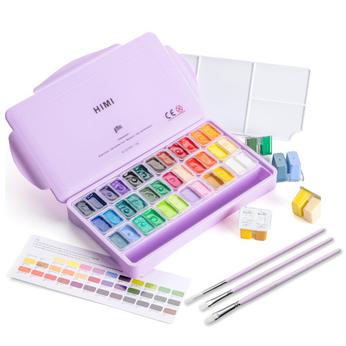 HIMI Twin Cup Jelly Gouache Paint Set with 3 Paint Brushes, 36 Colors 12g, Jelly Cup Design, Non Toxic Paint for Canvas and Paper, Art Supplies for Professionals (Purple Case)