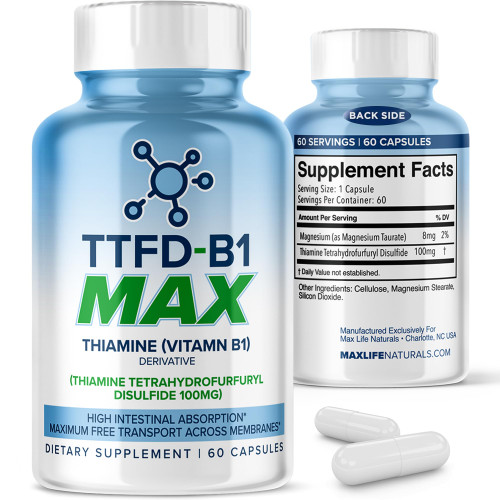 TTFD Thiamine B1 Supplement 60Capsules Made in USA- Thiamine TTFD Vitamin B1 MAX, High-Potency Supplement for Energy & Focus, Supports Healthy Nerve Function & Overall Wellness by MaxLife Naturals