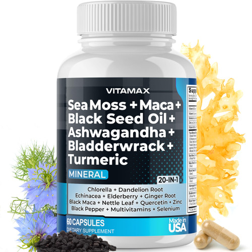 Sea Moss Maca Black Seed Oil Ashwagandha Bladderwrack Turmeric - Manuka Honey, Elderberry, Vitamin C & D3, Dandelion & Black Pepper - Non-GMO - Vegan - Made in USA - 60ct