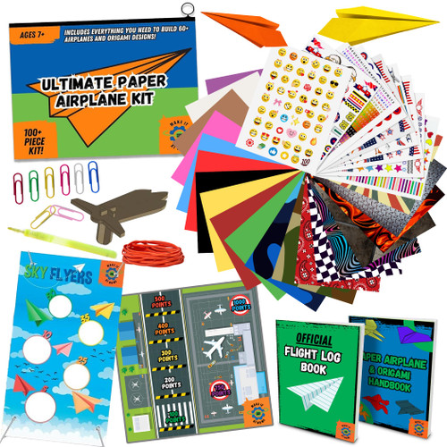 The Ultimate Paper Airplane Kit - Includes 110 Pieces + Airplane Games & Activities - Paper Airplane Book for Kids 6-8 - Paper Craft Kits for Boys 8-12 & 8-10 + Launcher & Toss Target - Origami