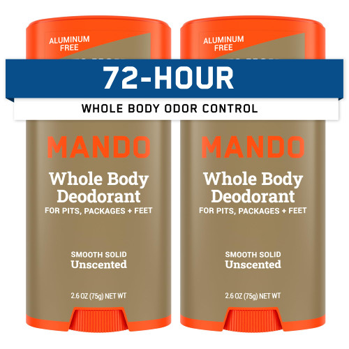 Mando Whole Body Deodorant For Men - Smooth Solid Stick - 72 Hour Odor Control - Aluminum Free, Baking Soda Free, Skin Safe - 2.6 Ounce (Pack of 2) - Unscented