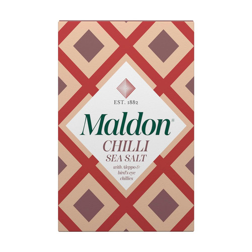 Maldon Chilli Sea Salt Flakes, Blended with Aleppo & Bird’s Eye Chillies - Take Simple Dishes to the Next Level - Fantastic Flavour - Unique Pyramid-Shaped Sea Salt Flakes - 100g Box