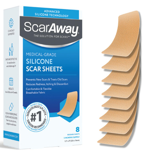 ScarAway Advanced Silicone Scar Sheets, Medical Grade Silicone Strips (1.5" x 3") Scar Treatment & Prevention for Surgical, Burn, Body, Hypertrophic & Keloid Scars Treatment, 8 Tan Reusable Sheets