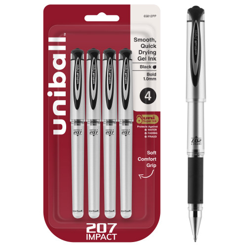 uni-ball Signo 207 Impact Stick Gel Pen, 4 Black Pens, 1.0mm Bold Point Gel Pens, Smooth Writing, Archival-Quality Ink, Acid-Free, Superior Comfort