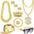 MEDOJO 80 90s Hip Hop Costume Outfit Kit Fake Golden Chain Dollar Sign Cap CZ Grillz Teeth Rapper Accessories Set