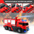 Grarain Remote Control Fire Truck with LED Sounds, RC Car Toy with 3pcs Small Firetrucks and 10pcs Roadblock Models, One Button Press Spraying Water Transformer Fire Truck for Kids Toddlers Boys