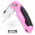TOPLINE Folding Pink Utility Knife, Pocket Folding Pink Box Cutter, Blade Storage Design, 18-Piece SK5 Blades and a Dispenser Included