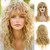 Baruisi Long Curly Wavy Blonde Wig with Bangs Synthetic Heat Resistant Halloween Cosplay Party Hair Wig for Women