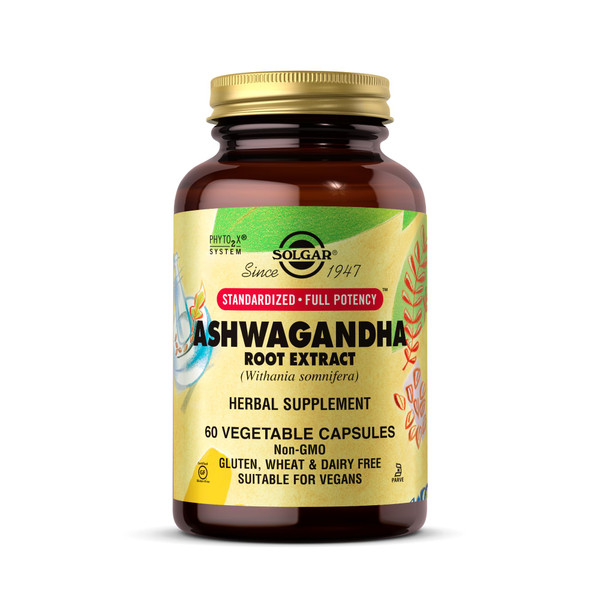 Solgar Ashwagandha Root Extract - 60 Vegetable Capsules - Standardized Full Potency (SFP) - Non-GMO, Vegan, Gluten & Dairy Free, Kosher - 60 Servings