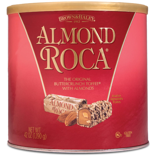 Brown & Haley Almond ROCA The Original Buttercrunch Toffee with Almonds Canister - Individually Wrapped Chocolate for Holiday Gift Basket - Gluten Free Kosher Chocolate Candy for Sharing, 42oz Pack of 1