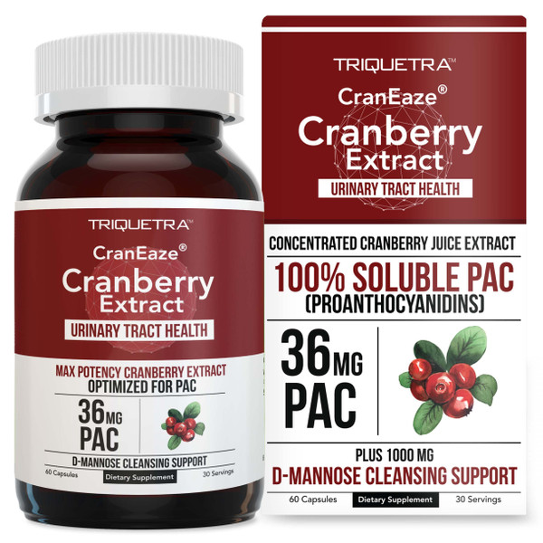 CranEaze®: Cranberry Juice Extract Plus D-Mannose – 36 mg PAC, 100% Soluble PAC - Supports Urinary Tract Health – Most Effective Cranberry Pills for Women, UTI Cranberry Supplement - 60 Capsules CranEaze®: Cranberry Juice Extract Plus D-Mannose – 36 mg PAC, 100% Soluble PAC - Supports Urinary Tract Health – Most Effective Cranberry Pills for Women, UTI Cranberry Supplement - 60 Capsules