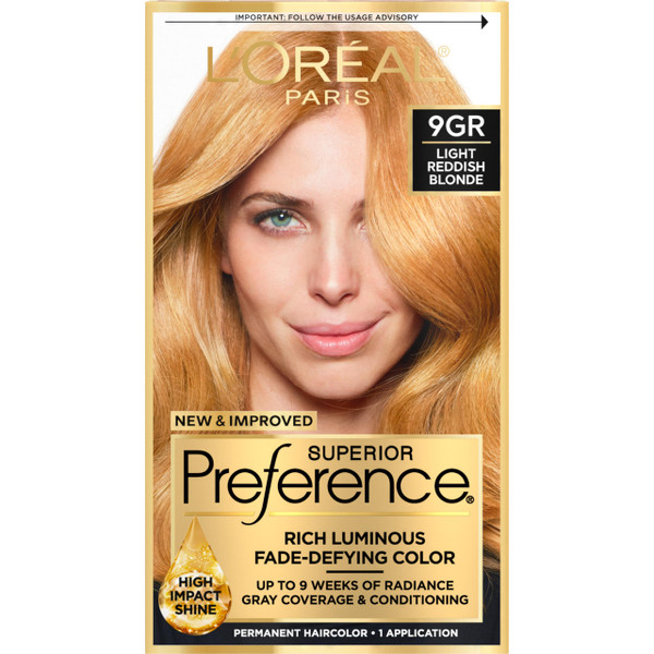 L'Oreal Paris Superior Preference Luminous Fade-Defying Permanent Hair Color, Hair Dye For Up to 9 Weeks of Radiance, Golden Reddish Blonde 9GR, 1 Hair Dye Kit