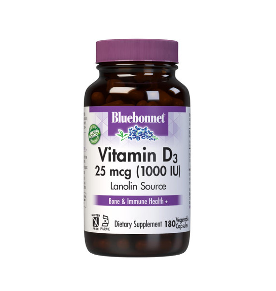 Bluebonnet Vitamin D3 1000 IU 25 mcg - Strong Bones & Immune Support Supplement for Women & Men* Soy-Free, Gluten-Free, Non-GMO, Vegetarian - Highly Absorbable Vitamin D - 180 Veggie Capsules