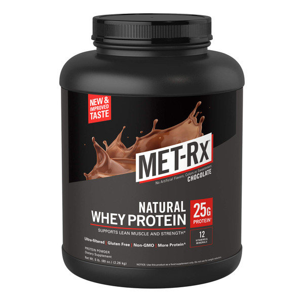 MET-Rx Natural Whey Easy Mix 23 g Protein Powder, 5g BCAAs from Ultra Filtered For Pre/Post Workout, Gluten Free, Chocolate, 80 Oz