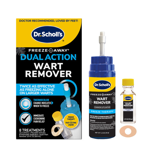 Dr Scholl's Dual Action Freeze Away Wart Remover, 8 ct – Twice as Effective as Freezing Alone on Larger Warts, Fast-Acting Treatment for Common and Plantar Wart Removal, Safe to Use on Kids Ages 4+