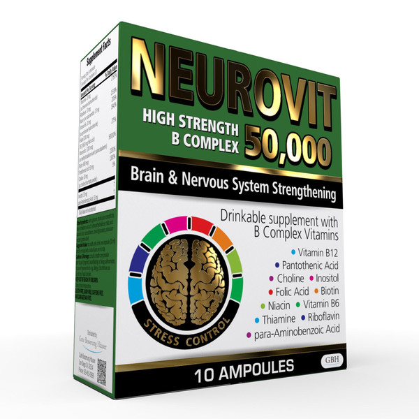 Neurovit 50,000 High Strength Vitamin B Complex Liquid Supplement, Brain & Nervous System Strengthening, 10 Ampoules, 3.4 fl oz (100ml), Rapid Absorption, Non-GMO, Gluten-Free