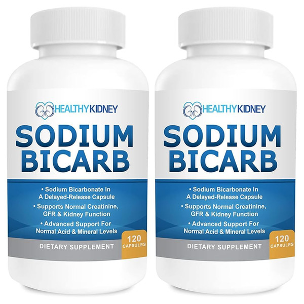 Sodium Bicarbonate 650mg Capsules Delayed Release for Supporting Normal Kidney Function & Kidney Supplement. Sodium Bicarbonate for Acid Relief, Alkalinity 120 Pills 2-Pack
