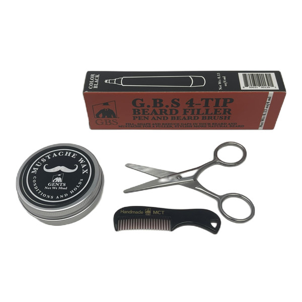 G.B.S Unscented Mustache Wax Kit – Extra Strong Hold, Fragrance Free – Includes Handmade Mustache Comb, Trimming Scissors & Black Beard Filler Pen