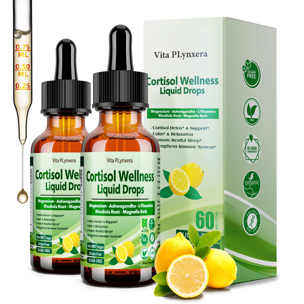 2 Pack Cortisol Supplement Liquid Drops, 17-in-1 Cortisol Detox w. Magnesium Glycinate 400mg Ashwagandha, L-Theanine, Phosphatidylserine, Hormone Balanced for Women, Mood Focus, Sleep Support