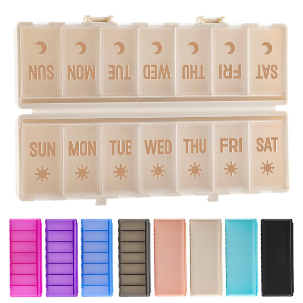 Foldable Pill Organizer 2 Times a Day w/Etched Labels -Dual Protection & Portable Weekly AM PM Pill Box, 7 Day Medicine Container, Large Travel Pill Case for Week Daily Supplement Vitamin - Khaki