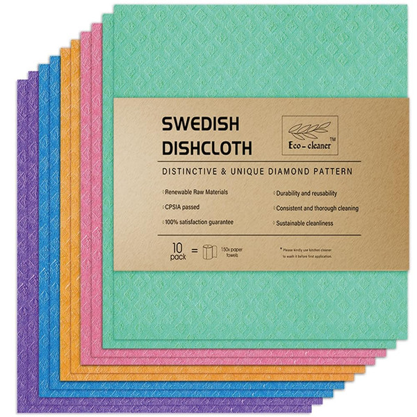 Swedish Dishcloth Cellulose Sponge Cloths – Bulk 10 Pack of Eco-Friendly No Odor Reusable Cleaning Cloths for Kitchen – Absorbent Dish Cloth Hand Towel (10 Dishcloths – Assorted)