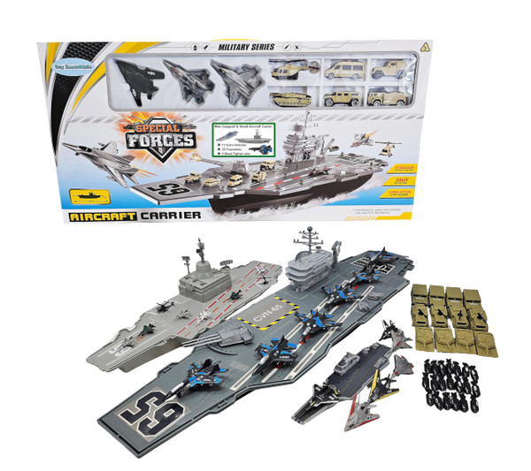Toy Essentials Ultimate Large Aircraft Carrier Battle Fleet, Mini Catapult Carrier Battle Set with Military Vehicles, Torpedoes, and Fighter Jets