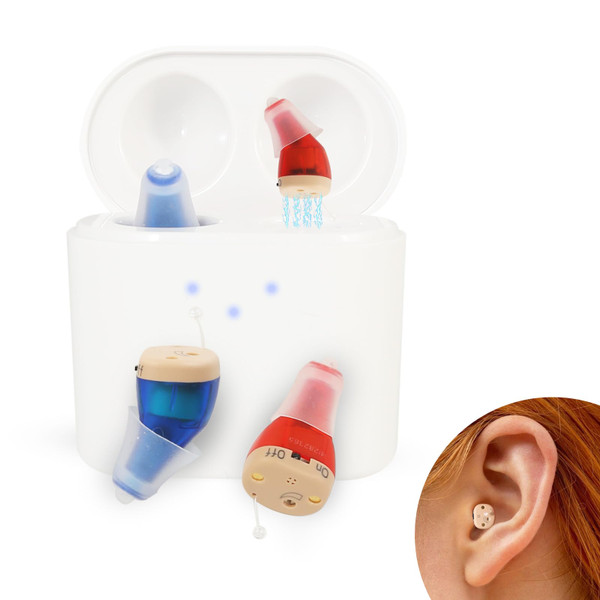 BEVI Hearing Aids for Adults Seniors with Charging Case, OTC Hearing Aids Rechargeable for Adults Seniors Rechargeable with Noise Cancelling, Invisible Hearing Aid Red Blue,1 Pair