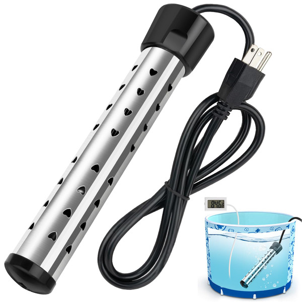 2000W Immersion Water Heater, Portable Water Heater Electric with 304 Stainless Steel, Bucket Bathtub Heater with Thermometer & Power-Off Protection, Quickly Heat 5 Gallons of Water in Minutes