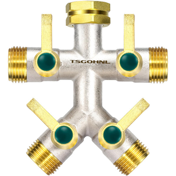TSGOHNL Heavy Duty Brass Garden Hose Splitter, Frost Resistant Rust Resistant 4-Way Faucet Splitter with Long Metal Handle, Multi-Angle Spout 4-Way Valve, Spout Diverter, Nickel Plated, 3/4” GHT