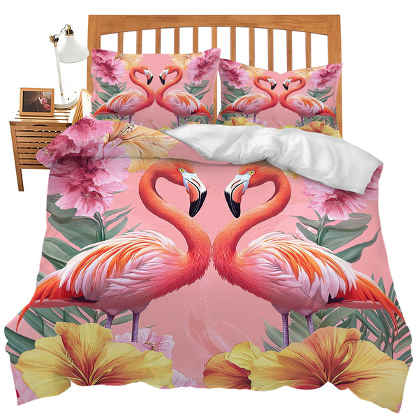 Flamingo Bedding Set Flamingo Theme Comforter Set Flamingoes Duvet Cover Bedroom Decor Soft Twin Full Queen King Size Quilt Cover with 2 Pillowcases for Kids Teens Adults Women Men 68x90