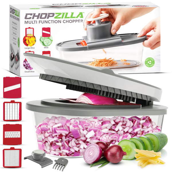 CHOPZILLA Vegetable Chopper and Mandoline Slicer for Kitchen Cuts 18x Faster, Come with 4 Blades, Scraper, & Container, All in 1 Veggie Chopper Vegetable Cutter, French Fry Cutter, Onion, Fruit, Salad