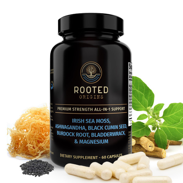Rooted Origins Sea Moss Capsules – Irish Sea Moss Advanced, Magnesium, Ashwaghanda, Black Seed Oil, Burdock Root & Bladderwrack – Immune Support, Gut Health, Energy, & More – 60 Capsules
