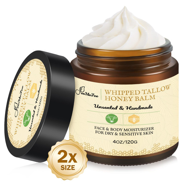 Beef Tallow for Skin 4oz | Tallow And Manuka Honey Balm | Unscented Tallow Face Moisturizer | Beef Tallow for Face | Organic Grass Fed Beef Tallow Balm | Whipped Beef Tallow Lotion Face Cream