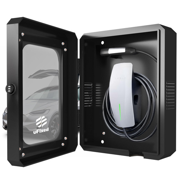Ufixed Outdoor EV Charger Enclosure Wall Box with Lock for Tesla Wall Charger and Chargepoint with Holder | Weatherproof Visible, Easy to Install, Black
